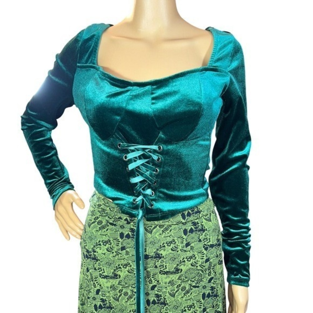 Womens Long Sleeve Lace Up Corset Top Size S Velvet Romantic‎ Goth Fairy Forest - Picture 3 of 13